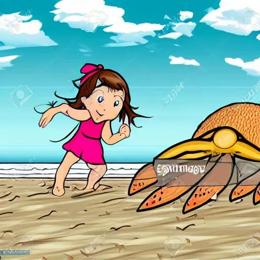 Image similar to cartoon of little girl raiding on top of huge monster crab on the beach.