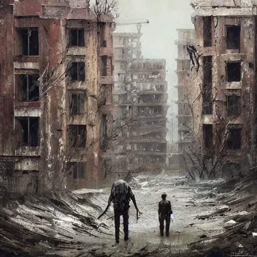 Image similar to painting of a abandoned post soviet town infested with humanoid root monsters by jakub rozalski