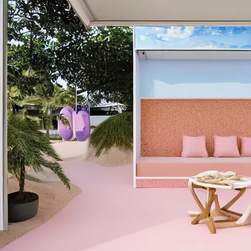 Image similar to An ultra high definition, professional photograph of an outdoor partial IKEA showroom inspired sculpture located on a pastel pink beach ((with pastel pink, dimpled sand where every item is pastel pink. The sun can be seen rising through a window in the showroom.)) The showroom unit is outdoors and the floor is made of dimpled sand. Morning time indirect lighting with on location production lighting on the showroom. In the style of wallpaper magazine, Wes Anderson.