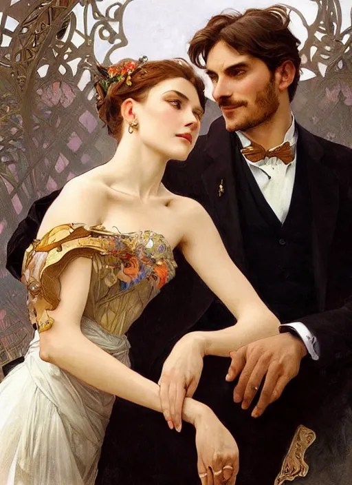 Prompt: an elegant couple, a man and a woman, sit together on a crescent moon. close up on highly detailed faces. painting by artgerm and greg rutkowski and alphonse mucha.