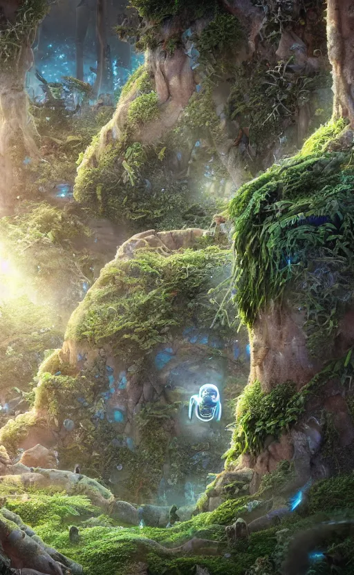 Image similar to microscopic tardigrade, microbiology, magical forest, ruins, civilization, mayan, futuristic, sharp focus, electric, backlight, furry, soft, concept art, intricate details, highly detailed, photorealistic, disney pixar, octane render, iridescent, global illumination, anime, 8 k