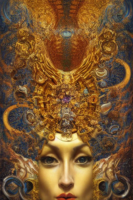 Image similar to Divine Chaos Engine by Karol Bak, Jean Deville, Gustav Klimt, and Vincent Van Gogh, visionary, sacred fractal structures, ornate gilded medieval icon, spirals, 8k 3D