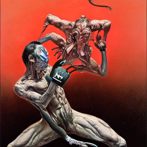 Image similar to tony ferguson knocked out illustrated by Wayne Barlowe, Zdzisław Beksiński, H. R. Giger, mma, mixed martial arts, mixed martial artists, UFC, Ultimate Fighting Championship, trending on artstation, detailed art, oil painting, C 10