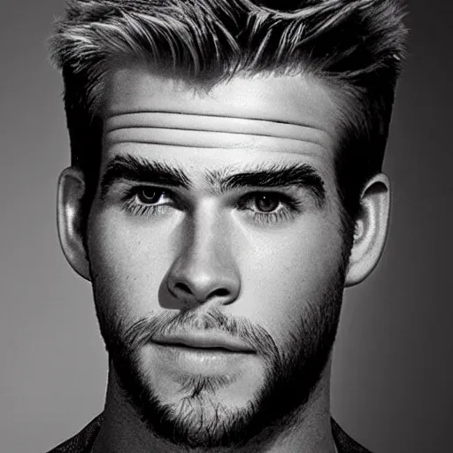 Image similar to “a realistic detailed photo of a guy who is an attractive humanoid who is half robot and half humanoid, who is a male android, Liam Hemsworth, shiny skin, posing like a statue, blank stare”