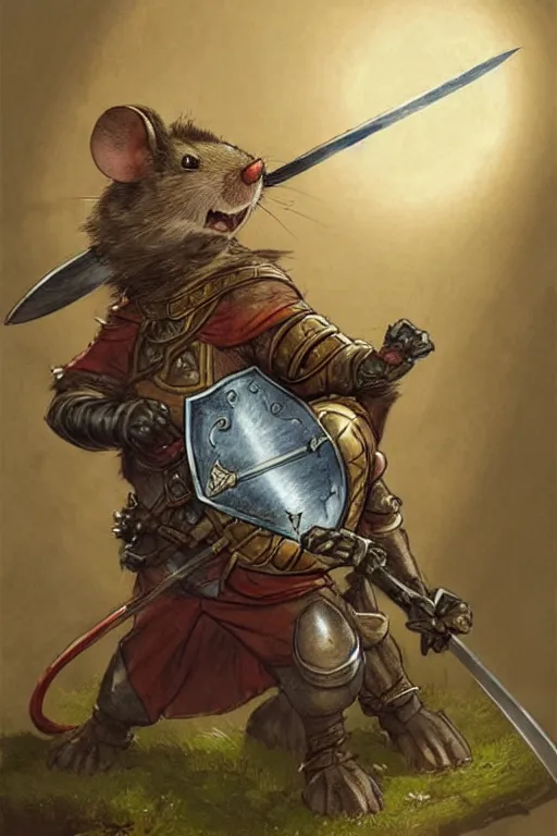 Image similar to a heroic mouse knight with sword and shield, redwall, greg rutowski and jean baptiste monge, detailed, epic fantasy concept art