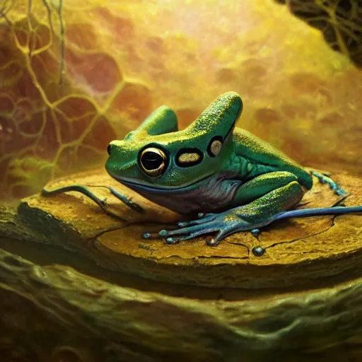 Prompt: long shot of an frog alien, by esao andrews, by m. w. kaluta, by james web telescope, ultra humorous beautiful oil painting, cinematic space scenery, small depth of field, depth perception, volumetric light, rich colors, 3 d octane render, 8 k, conceptart, hyperdetailed, hyperrealistic, trending on artstation