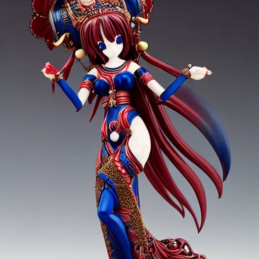 Image similar to figurine of a female goddess, highly detailed, dark red and blue and black color palette, intricate, high quality anime artstyle, in the style of sana takeda