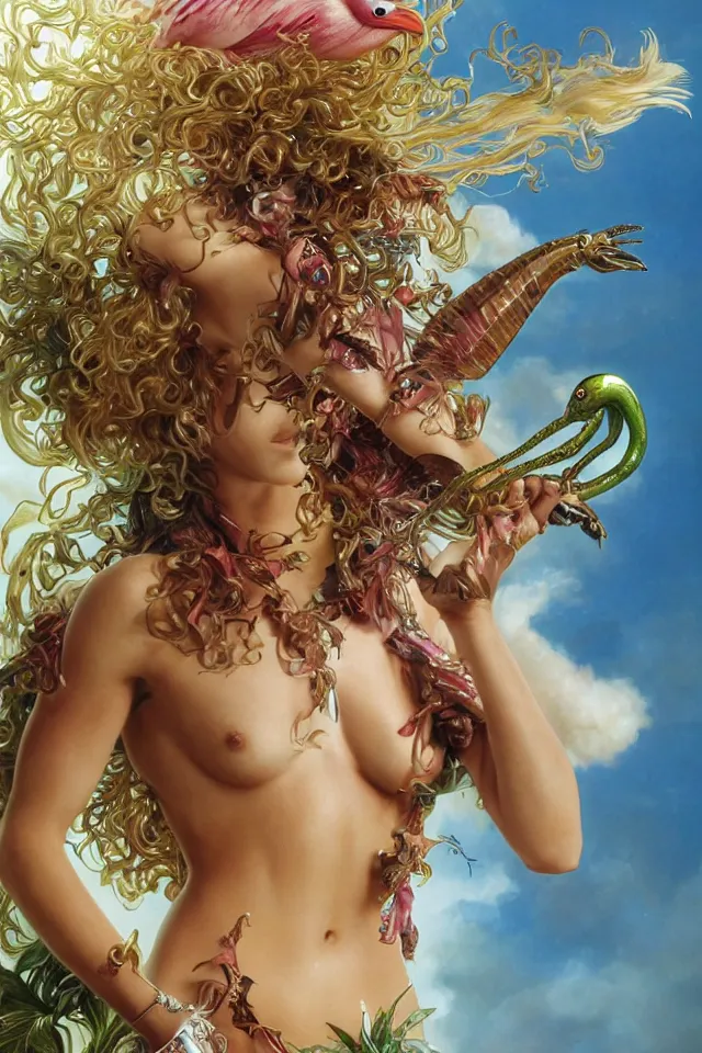 Prompt: an extreme close - up of a chrome cyborg nymph with long fluffy golden blonde curly hair running with a giant flamingo, tropical flower plants, pigmented smoke, by hajime soryama, boris vallejo, artgerm, greg rutkowski, alphonse mucha