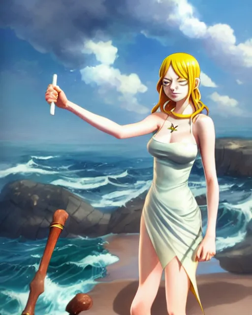 Image similar to emma stone as nami from one piece, simple cream dress, detailed perfect face, mid view, by artgerm, by studio muti, greg rutkowski makoto shinkai takashi takeuchi studio ghibli