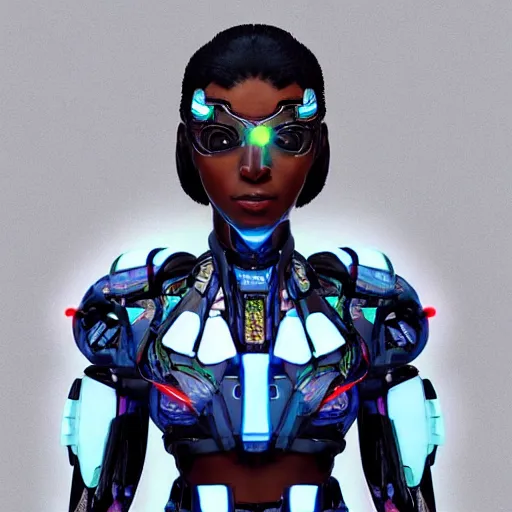 Image similar to an african female transformer with glowin white eyes, very symmetrical face, highly detailed, nanogirl, nanogirlv 2, by vitaly bulgarov, by yoji shinkawa, by joss nizzi, by shoji kawamori, metal gear solid, transformers cinematic universe, deviantart, artstation, unreal engine