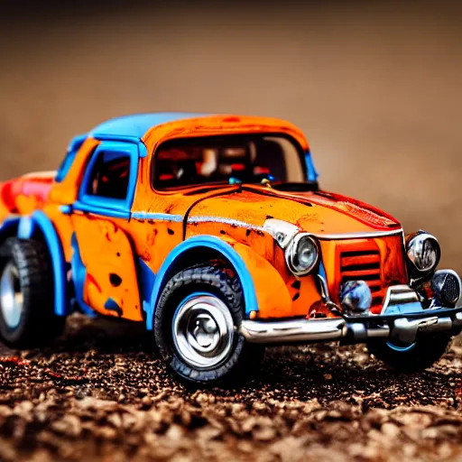 Prompt: hotwheels car with mecanum wheels, macro photography, professional