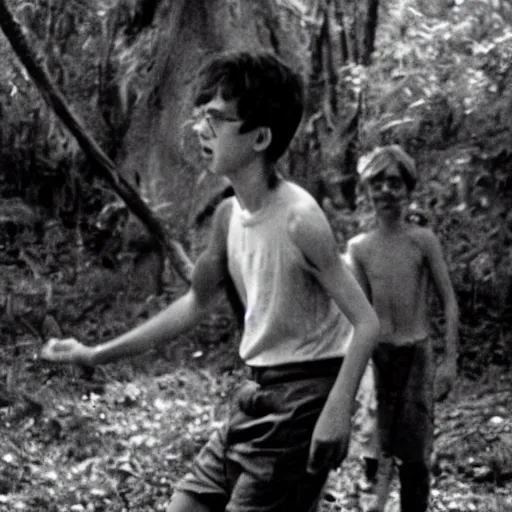 Image similar to isaac hempstead wright plays ralph in lord of the flies ( 1 9 6 3 ), 3 5 mm black and white, highly detailed, cinematic lighting