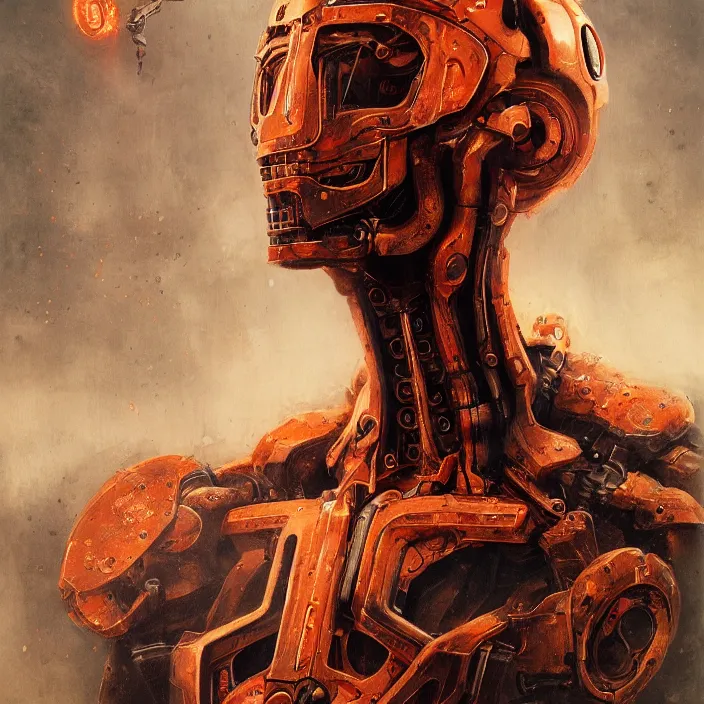 Image similar to portrait of an orange ultron from age of ultron, clockwork steampunk, dieselpunk, head and chest only, by beksinski, 4 k, deviantart, trending on artstation