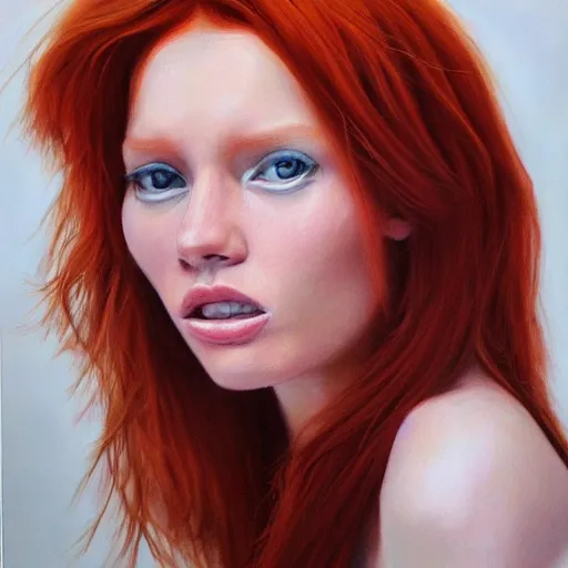 Prompt: hyperrealism oil painting of redhead emotional fashion model portrait