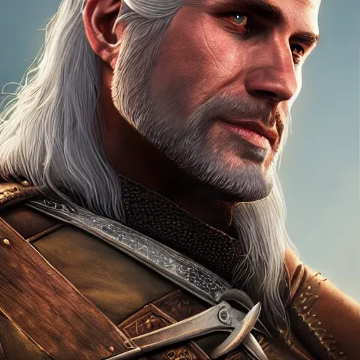 Image similar to Portrait of Geralt of Rivia by Michele Soavi, closeup, 8k, photorealism, Tom Bagshaw, global illumination, volumetric lighting, CGsociety, radiant light