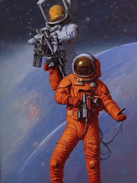 Image similar to a painting of a spaceman holding a rifle, concept art by michael whelan, tim white and vincent di fate, featured on deviantart, space art, concept art, sci - fi, cosmic horror