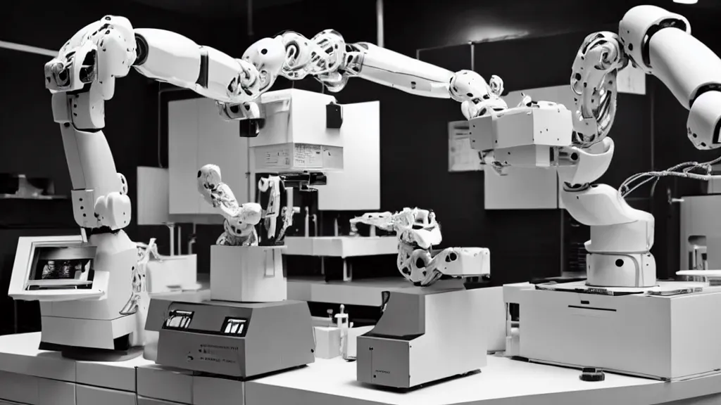 Image similar to a complex bifurcated robotic cnc surgical arm hybrid mri 3 d printer machine making black and white ceramic mutant forms in the laboratory inspection room, film still from the movie directed by denis villeneuve with art direction by salvador dali, wide lens