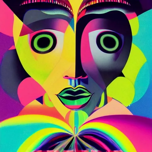 Image similar to closeup portrait of a black woman with yellow eyes and a rainbow background, digital art by tomokazu matsuyama, by ed paschke, by agnes pelton, by patrick nagel, behance contest winner, generative art, irridescent, holography, neon, dark art, retrowave, grain, androgynous, black background