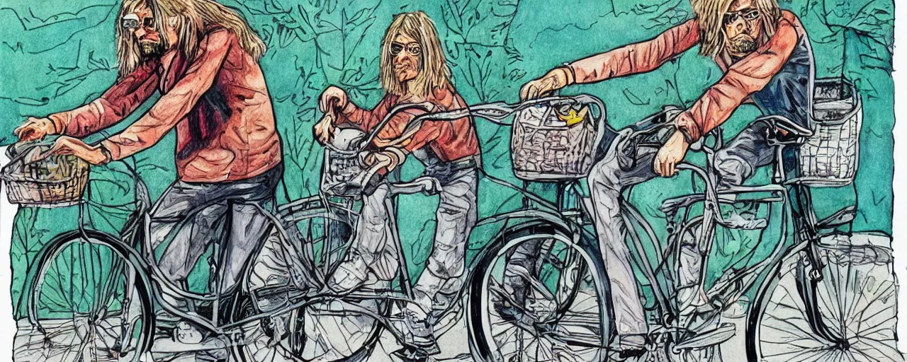 Image similar to beautiful detailed comic illustration of Kurt Cobain on a bicycle on a bicycle, colored