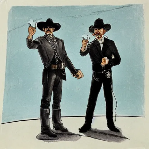 Image similar to hand drawn image of wyatt earp and doc holliday standing on the deck of a futuristic spacecraft, high detail, ultra realistic