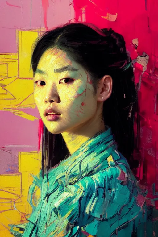 Image similar to portrait of a beautiful asian female, complementary colors, beautiful face, rule of thirds, intricate outfit, spotlight, by greg rutkowski, by jeremy mann, by francoise nielly, by van gogh, digital painting