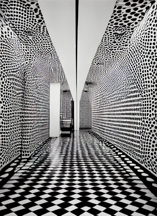 Image similar to a photograph of a symmetrical hallway designed by yayoi kusama, 3 5 mm, film camera, dezeen, architecture