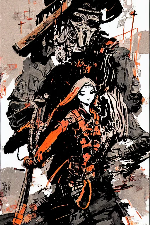 Prompt: interzone orange grey secret society, samurai girl at the crumbling temple by ashley wood and mike mignola and mike ploog and katuya terada and moebius, artstation, 4 k detailed post processing, footage