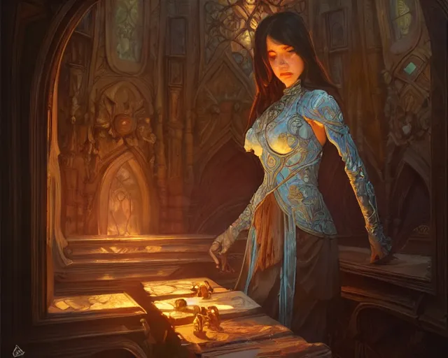 Image similar to shop interior magical items, deep focus, d & d, fantasy, intricate, elegant, highly detailed, digital painting, artstation, concept art, matte, sharp focus, illustration, hearthstone, art by artgerm and greg rutkowski and alphonse mucha