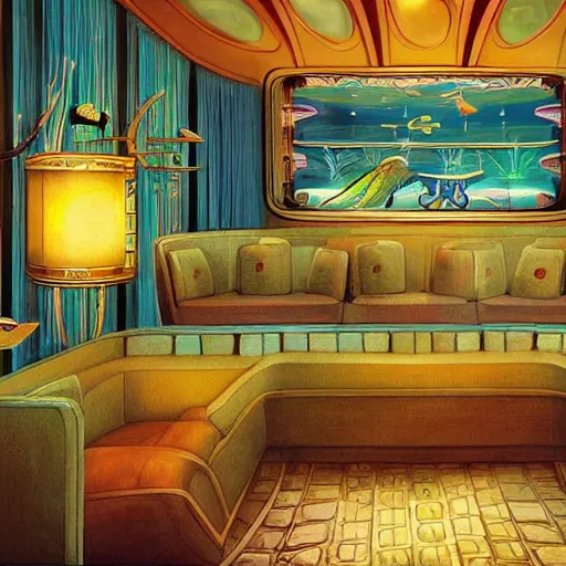 Image similar to beautiful Peter Mohrbach and tyler edlin highly detailed illustration of an underwater art deco lounge