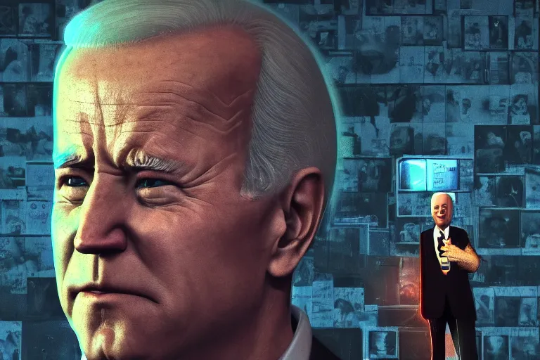 Image similar to creepy joe biden portrait stuck in the matrix, glitchy, buggy, playstation 1 graphics, low poly 3 d render, creepypasta, volumetric lighting, messy, vhs footage, scary, award - winning, detailed, weird, close - up, featured on artstation, ray tracing, 4 k hd, high quality