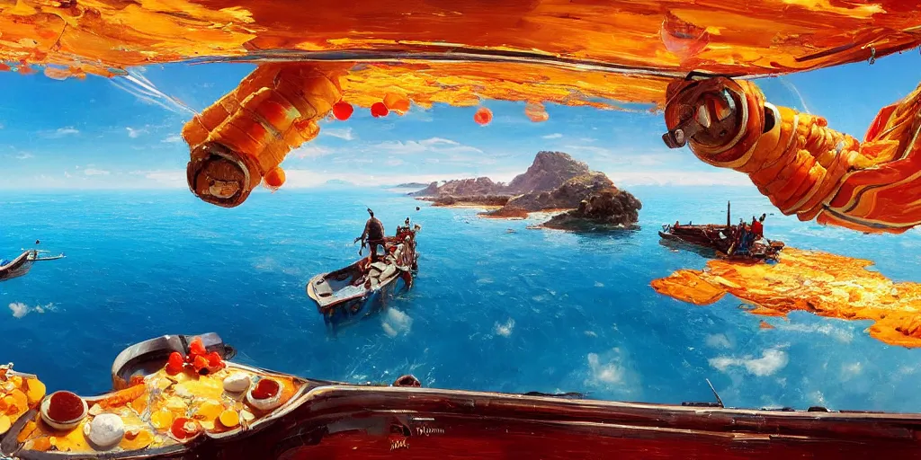 Image similar to Floating spanish paellas over a blue ocean, Darek Zabrocki, Karlkka, Jayison Devadas, Phuoc Quan, trending on Artstation, 8K, ultra wide angle, pincushion lens effect.