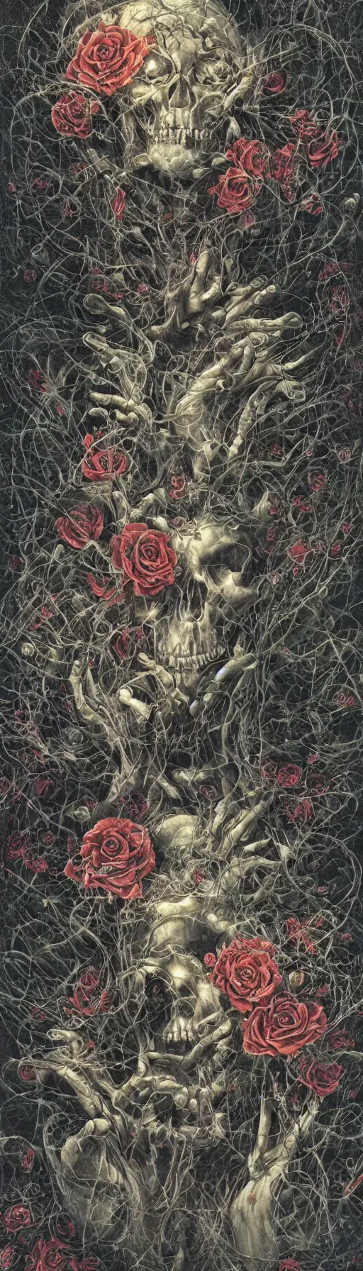 Image similar to the ghost in the machie, dense web of neurons firing, psychedelic lights and fog, skull and roses and gnr imagery, zdzislaw, ayami kojima, yamamoto, barclay shaw, karol bak, hyperrealist, 8 k