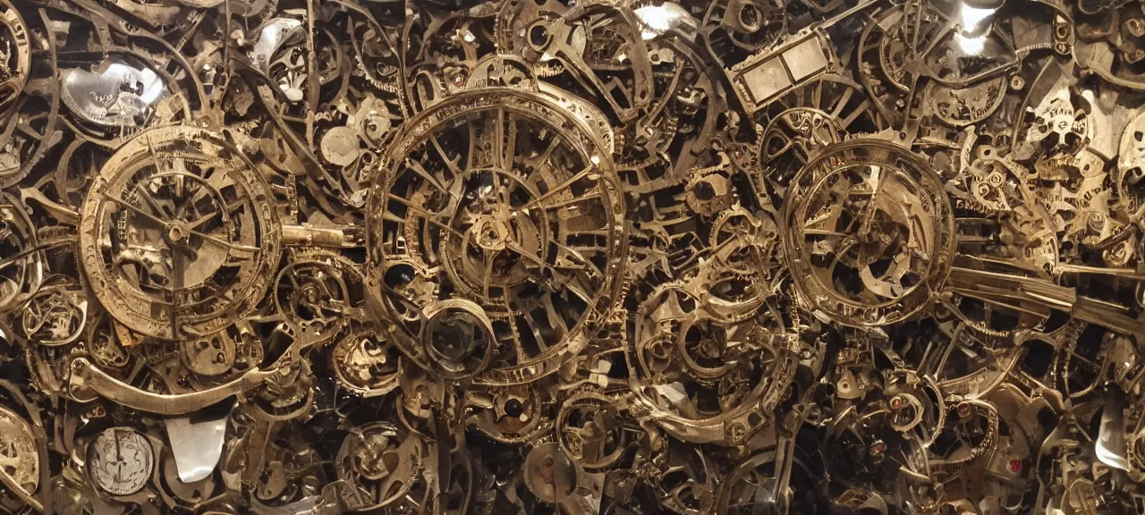 Prompt: A wide view into a Middle Ages Exhibition full of thousands of different detail old mechanical watches mechanisms, huge room of a old museum