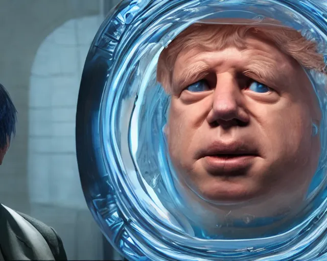 Prompt: boris johnson being created in a giant science labroalratory suspended in a floating gel tank, character art, by various concept artists, redshift render, hyperrealistic face, photorealistic render