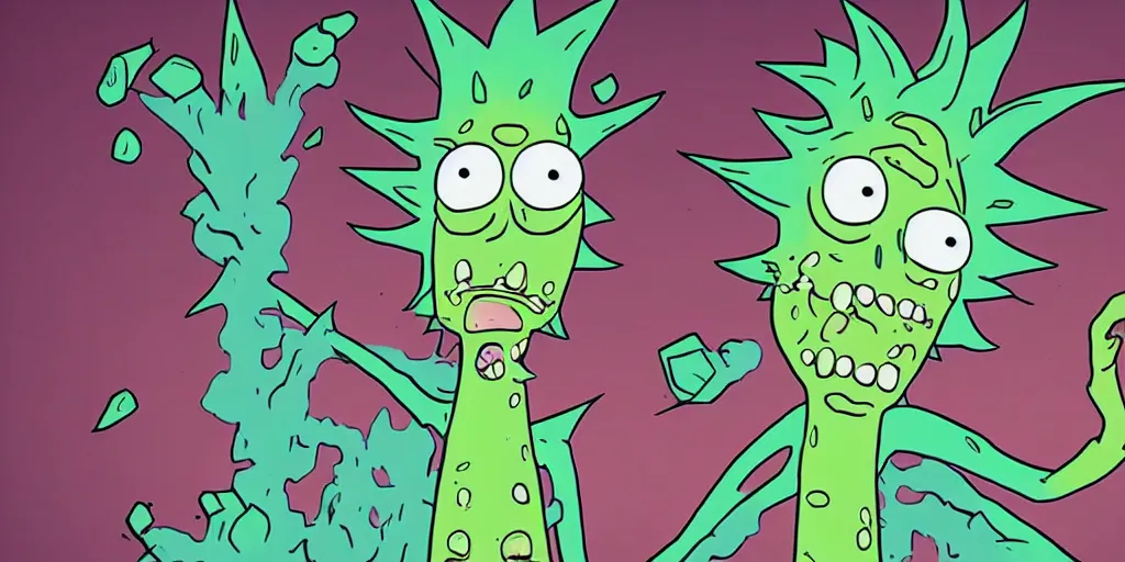 Prompt: Rick Sanchez after transforming into a Pickle Rick, terrified as his new body slowly breaks down into green goo, adult swim cartoon, 2d art