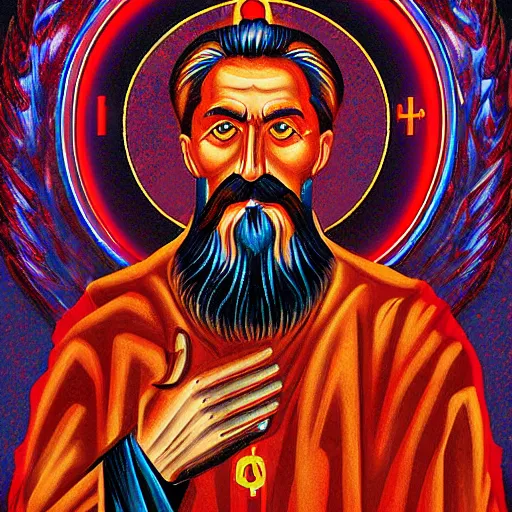 Prompt: the icon of stalin, with halo of fire, scary orthodox icon in hellish style, scary color art in 4 k