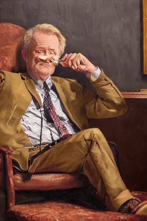 Image similar to still from tv show, retired barney, sitting in a lounge, sipping whiskey and smoking a cigar, oil on canvas, intricate, portrait, 8 k highly professionally detailed, hdr, cgsociety