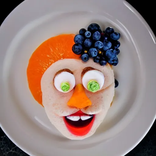 Image similar to edible donald trump made step by step : 1. lemon skin for hair 2. cake and orange pieces for the face 3. blueberries and whipped cream for the suit, from the beautiful'food art collection ', dslr