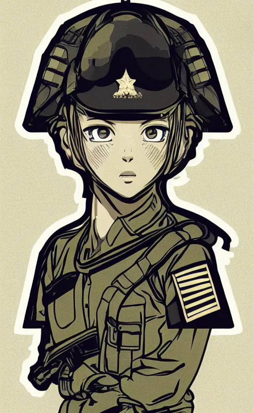 Image similar to shoulder patch design, portrait of soldier girl, award winning manga style, clean logo, military flight squadron insignia, no text, soldier clothing, realistic military gear, 70mm, inspired by shirt designer, made in photoshop, no background, vector line art, by ilya kuvshinov, trending on designed by humans, symbology, realistic human anatomy, highly detailed, high resolution, matte, empty hands, realistic military carrier