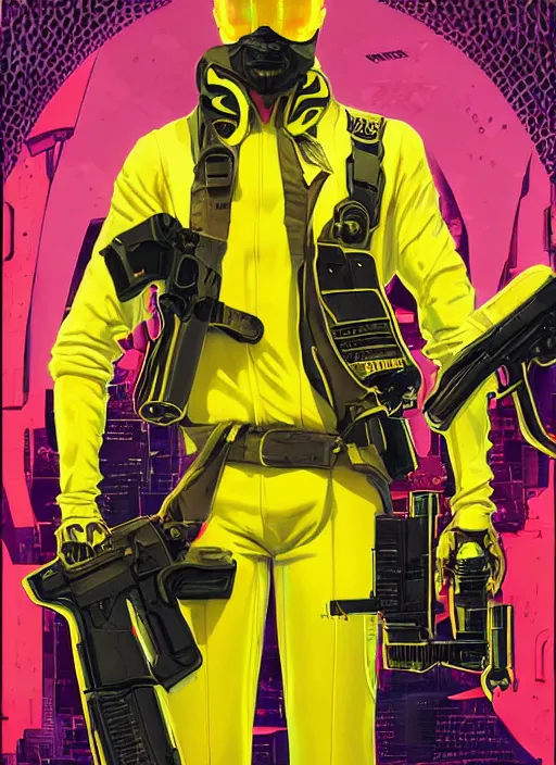 Image similar to mustached athlete in yellow jumpsuit. cyber dude firing a futuristic red automatic pistol with huge magazine. ad for pistol. cyberpunk poster by james gurney, azamat khairov, and alphonso mucha. artstationhq. gorgeous face. painting with vivid color, cell shading. ( rb 6 s, cyberpunk 2 0 7 7 )