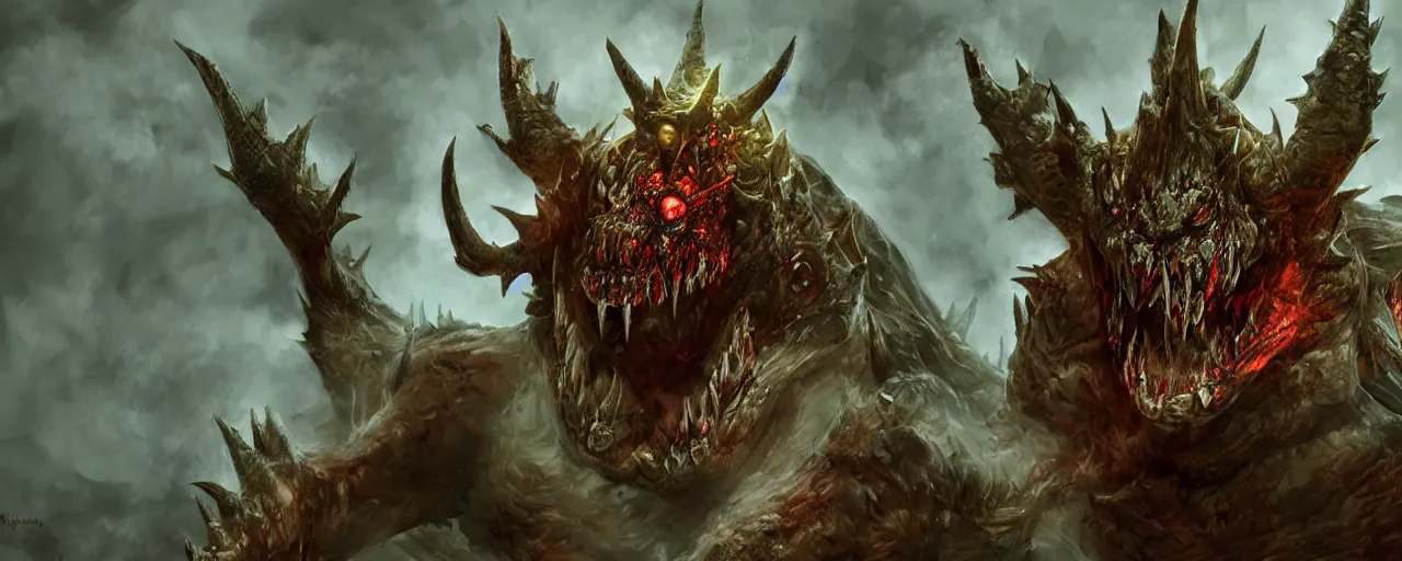 Image similar to concept art of bowser with huge horns and scales and talons, resident evil, horror, occult, terror, mist, volumetric render, digital painting, detailed painting