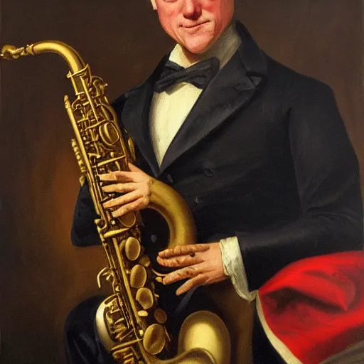 Image similar to Bill Clinton plays his saxophone while Washington D.C. burns, highly detailed, oil on canvas, 1883