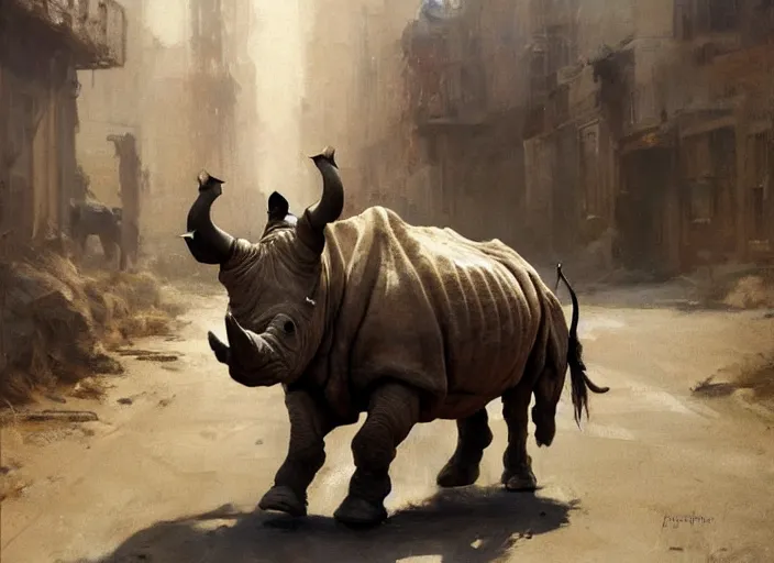 Image similar to oil painting of old rugged rhino in dusty wild west street, art by anders zorn, wonderful masterpiece by greg rutkowski, beautiful cinematic light, american romanticism by greg manchess, jessica rossier