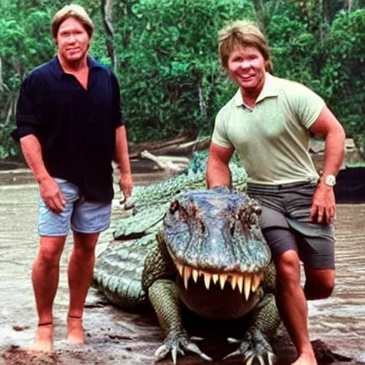 Image similar to steve irwin forgot to put his shorts on before wrestling a giant crocodile