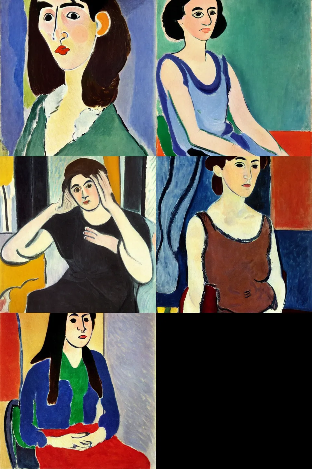Prompt: an hd painting of a woman by henri matisse. she has long straight dark brown hair, parted in the middle. she has large dark brown eyes, a small refined nose, and thin lips. she is wearing a sleeveless white blouse, a pair of dark brown capris, and black loafers.