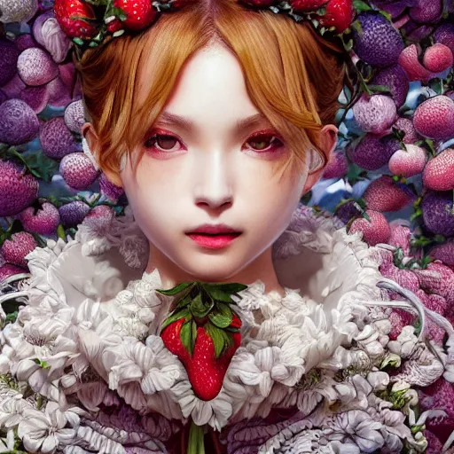 Image similar to the portrait of an absurdly beautiful, graceful, elegant, sophisticated, fashionable young gravure idol made of strawberries and white petals, an ultrafine hyperdetailed illustration by kim jung gi, irakli nadar, intricate linework, bright colors, octopath traveler, final fantasy, unreal engine 5 highly rendered, global illumination, radiant light, detailed and intricate environment