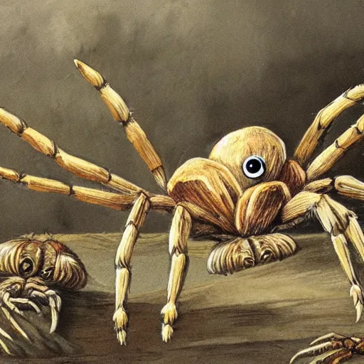 Prompt: a giant spider eating a cown. very detailed, scaring. fantasy.