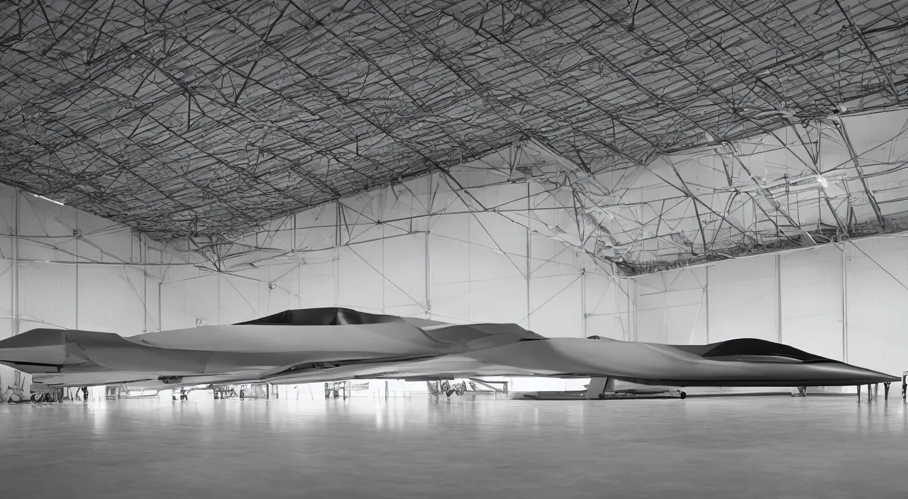 Prompt: a hangar with a hypersonic jet by Gijsbert d'Hondecoeter and József Rippl-Rónai