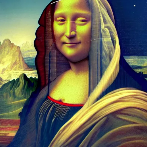 Image similar to the figure of a man who soars in space with a smile of mona lisa, peace in his eyes, ultra realistic, concept art, intricate details, serious, highly detailed, photorealistic, octane render, 8 k, unreal engine, art by todd mcfarlane and artgerm and greg rutkowski and alphonse mucha