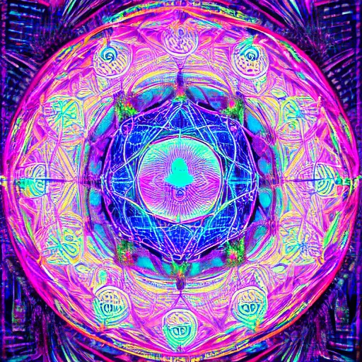 Prompt: 8k psychedelic abstract illustration of a dreamcatcher woven with a sacred geometry mandala